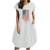 USMIXI Женски рокли за Деня на независимостта Небрежно свободно джобно памучно бельо 4-ти юли патриотични миди рокли с къс ръкав кръгла шия американски флаг печат на к