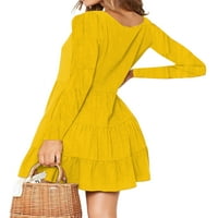 Glonme Ladies Mini рокли солиден цвят къса рокля с дълъг ръкав жени ежедневни елегантни v шия жълто m