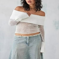 Liacowi женски плетен топ на културите мода от рамо твърд цвят пуловер с дълъг ръкав тънък годен подрязан пуловер