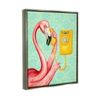 Ступел индустрии Фламинго използване ретро телефон шарени цвете мотив графично изкуство блясък сив плаваща рамка платно печат стена изкуство, дизайн от Амели Лег?
