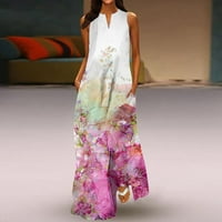 Fartey Plus размер рокли за жени с джобове флорална печатна туника ежедневна рокля лято разделяне v шия без ръкави без ръкави макси слънчев разрез