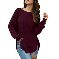 Vivianyo HD пуловери за жени Просверие плюс размер женски дълъг ръкав кръгла врата на шията Разцепено твърдо цвят горна кръгла флаш на шията Виното
