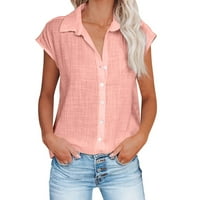 Къс ръкав Дамски Блузи клирънс летни дамски топове Мода Плътен бутон риза женски в-врата хлабав тениска блуза розов ШЛ