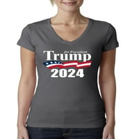 Дивият Боби Тръмп за президент лого САЩ флаг политически жени младша форма в-врата чай, Тъмно сиво, х-голям