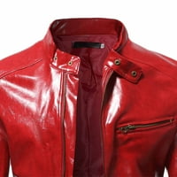Pxiakgy зимни палта за мъже Мъжки небрежен масивен цвят стойка яка с цип джобно кожено яке тънки леко палто за тийнейджъри улични дрехи червено + 14