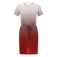 Дамски ежедневни миди пола подгъва цепка модел отпечатани диференцирани рокля кръг врата къс ръкав с джобове червен с