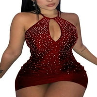 Юлисми женски секси халтер без ръкави вечерни партита клубни дрехи Rhinestone Bodycon Mini рокля