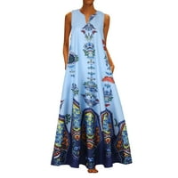 Рокли за жени женски V-образно деколте Графични отпечатъци A-Line рокля в пълна дължина рокля A-Line Blue 5xl