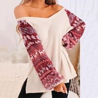 Бутон нагоре жилетка за жени отворени предни плета жилетка пуловер женски есен и зима Fasion Цветкови коледни отпечатани V-образно деколте с дълъг ръкав Странична цепка Разхлабена ежедневна пуловера година