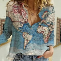 Жените ревера бутон риза света карта печат дълъг ръкав хлабав случайни Топ ризи за жени синьо