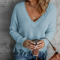 Намален дамски пуловер с v-образно пуловер пуловер плъзгащ се плътен цвят хлабав дълъг ръкав с дълъг ръкав секси руширани блузи върхове