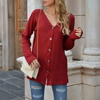 Дълъг ръкав V Neck Cardigan Дамски отворен кардиган с дълъг ръкав плетен мек пуловер свободно леко ежедневно яке с джобове женски кардиган червен xl