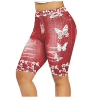 Къси панталони Дамски клирънс Дамски имитационен деним отпечатани гамаши каприс с висока талия еластичен молив спорт йога панталони