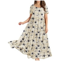 Atinetok дамски рокли плаж мода boho разхлабена ръчна хем люлка Ана линия maxi sundress formal floral print кръгла шия къса ръкав лятна рокля жълта xxxl