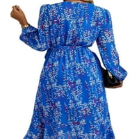 Grianlook дами линейна рокля флорална принт midi рокля v шия жени ежедневни разхлабени дълги ръкави небесно синьо m