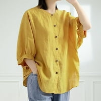 IOPQO Дамски тениски за жени с късо ръкав блуза подпухнала риза памучен бельо бутон отпред свободни тениски за жени жълто + m