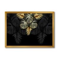 Дизайнарт 'златни и черни тропически листа Ив' модерна рамка Арт Принт