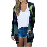 Дамски жилетка за Хелоуин призрак Пентагонални звездни печат падат разхлабени дълги ръкави отворени предни пуловери Небрежни леки палто за изходни дрехи с джобове зелено