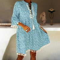 Рокли за жени мода дамски летни ежедневни принт рокля в шия с къс ръкав свободна рокля Дамски рокли сини