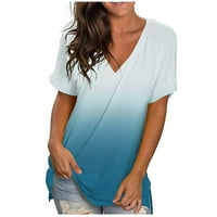 Омбре тениски лятна риза с къс ръкав за жени мода v градиент на шията тениски ежедневни разхлабени разтягания удобен пуловер Основни върхове светлосини m
