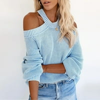 Хомадли Дамски класически пуловер клирънс-кръг врата хлабав подметка цвят пуловери Топ Светло синьо размер М