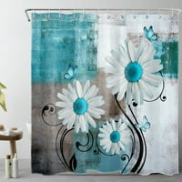 Бяла маргаритка завеса за душ, маргаритки и сини пеперуди на синьо сив фон баня за баня завеса модерна естетика полиестер тъкан декор завеса с куки