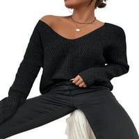 Пуловери Небрежни модел обикновен V Врат дълъг ръкав Женски пуловери