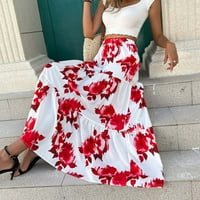 Yinguo жени с висока талия Boho Floral Print Плисима макси пола ежедневна разтегателна люлка Анема плаж дълги поли