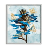 Ступел индустрии синьо тропически флорални цъфтят злато пеперуда очертава сива рамка, 14, дизайн от Зивей ли