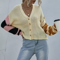 Кардигански пуловери за жени плюс размер мода ежедневно V врат три цветни шевове с дълъг ръкав пуловер Полиестер бежов m