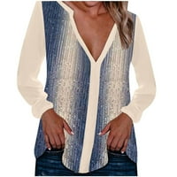 Модни ризи за жени за жени Основни дрехи за жени Уютни ежедневни суичър V-образен пуловер лъскави пайети върхове дълъг ръкав блуза син XL