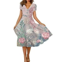 Дамски летни ежедневни флорални Принт къс ръкав Суинг рокля