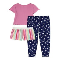 Уютни конфитюри Момичета еднорог ивица къс ръкав сън риза и дъна, 3-парче пижама комплект, размери 4-16