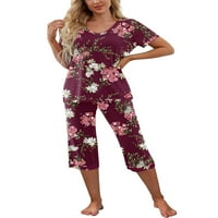 Век женска пижама комплект тениска с къс ръкав v шия и капри панталони за спално облекло салон костюми вино червено цвете l