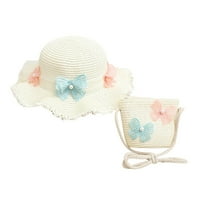 Момичета за малко дете лятна слама шапка за слънце деца лятна защита Широка обратима шапки с лък с кръстосани торбички