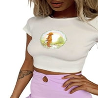 Дами тениска на яка лятния кръг, момичета креативни момичета печат печат с къси ръкави с мадрифни върхове тънка базова риза
