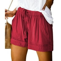 Дамски къси панталони ежедневни летни теглички Удобни пот шорти еластична висока талия за бягане на шорти с джобове Червен клирънс