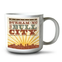 FL OZ Oz Ceramic Mug, Durham, North Carolina, Skyline and Sunburst Screenprint Style, Съдомиялна и микровълнова сейф