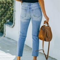 Ганфанкп Дамски дънки, Плътен цвят средата талия дънки за жени с джобове кльощава изтръгнат дънки панталони дупка панталони тенденция синьо клирънс продажби