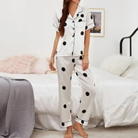 Пижама за жени, поставени женски нощни пижами, комплект нощно облекло костюм коприна сатени жени с къси ръкави отгоре и панталони Разхлабени пижами комплекти бяло