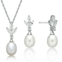 Блясък фини бижута стерлинги сребро фантазия сладководна перла с имитация на бял диамант акцент кутия комплект с обица и висулка, 18 верига