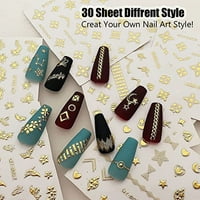 Zoance Gold Nail Art Stickers, лист различен стил 3d цветя пеперуди Геометрични линии самозалепващи стикери за нокти, доставки на изкуство за нокти за декорация на ноктите, персонализирани аксесоари за нокти за