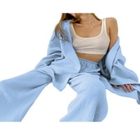 Дамски пижами екипировки, Плътен цвят Дълъг ръкав жилетка върхове с колан + Висока талия ластик хлабав годни дълги панталони комплект