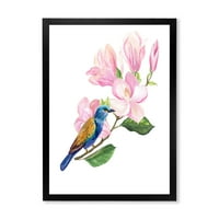 Дизайнарт 'Синя Птица Върху Розова Магнолия' Традиционен Арт Принт В Рамка