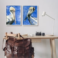 Ступел индустрии морски Пеликан птици портрет природа животински живопис Живопис бяла рамка изкуство печат стена изкуство, набор от 2, Дизайн от Дженифър Пакстън П