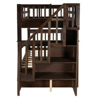 Модерен дизайн дървено двуетажно легло стълбище с две единични легла с място за съхранение и предпазна релса за спалня, обща спалня, Еспресо цветна рамка за легло за стая за гости