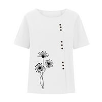 Летни ежедневни елегантни блузи за жени мода хлабав печат Около врата тениска с къс ръкав бяла