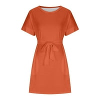 Дамски рокли Атинеток ежедневни Джобни Суинг линия рокли до коляното с колан официални масивен екипаж къс ръкав лятна миди рокля оранжев миди