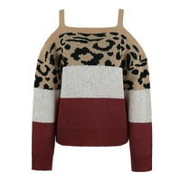 Yeasitch Women's V Neck Sweater Pullover Pullover Leopard с дълъг ръкав Основен небрежен отпуснат годващ пуловер Jumper Khaki L