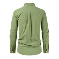 Лято Модерен клирънс мъжки ризи мъжки хлабав памук бельо Плътен цвят ревера Дълъг ръкав Случайни памук бельо риза Топ зелен хл